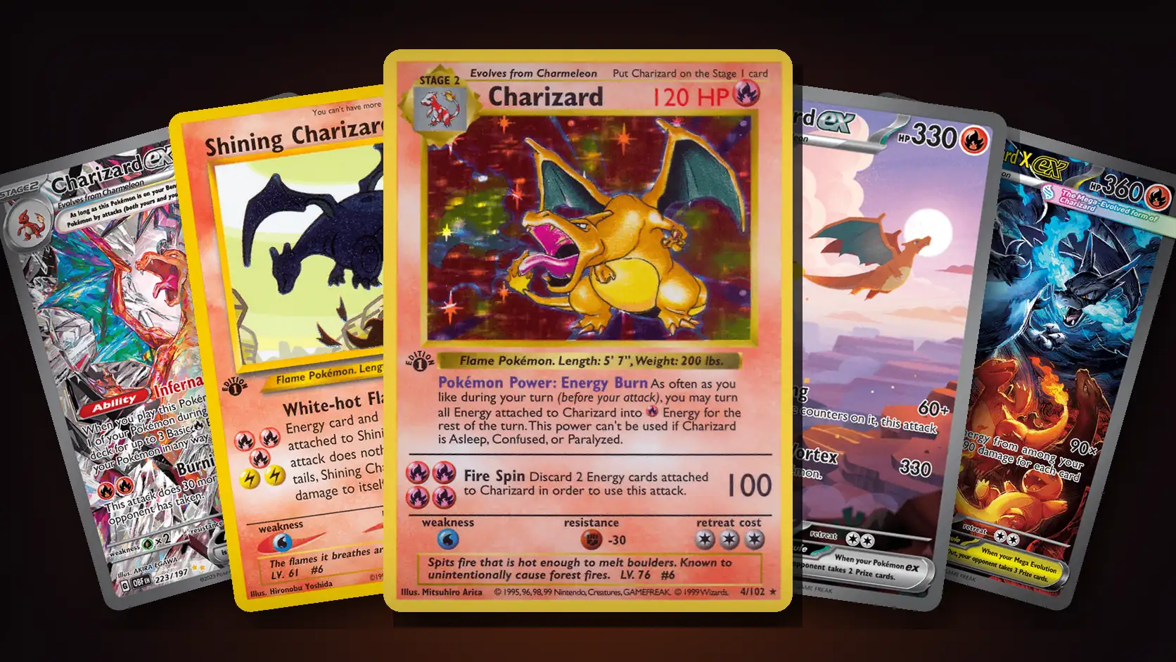 Five Charizard Pokémon cards fanned out: the 1st Edition Base Set Charizard in the centre, with Shining Charizard, Charizard ex from 151 and Obsidian Flames, and Mega Charizard X ex